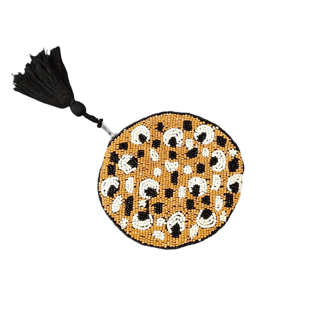 World Market Beaded Leopard or Cookie Coin Purse Round Tassel Pouch Black Tan